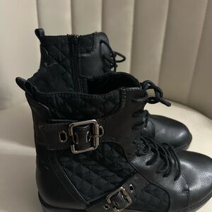 Black Quilted Lace-Up Boots with Buckle